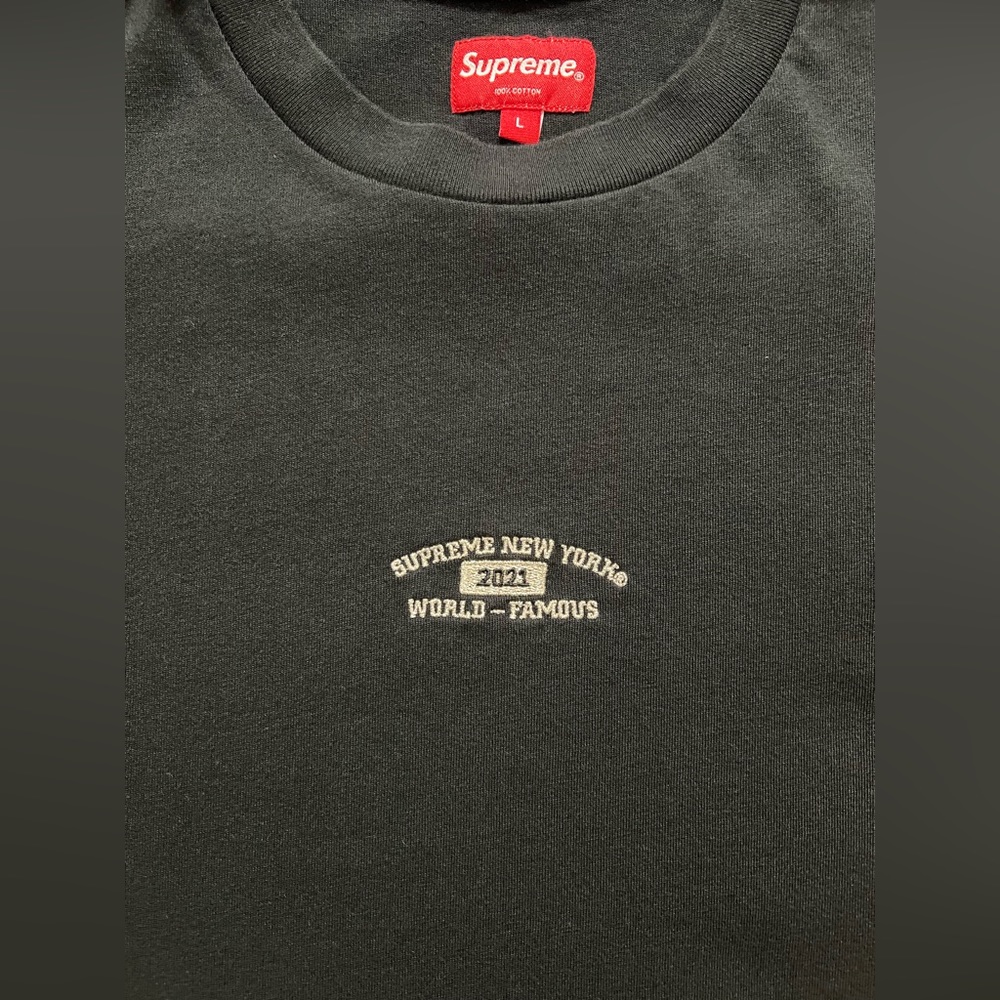 SUPREME Black Cotton Embroidered Logo Mens Tee Sz L